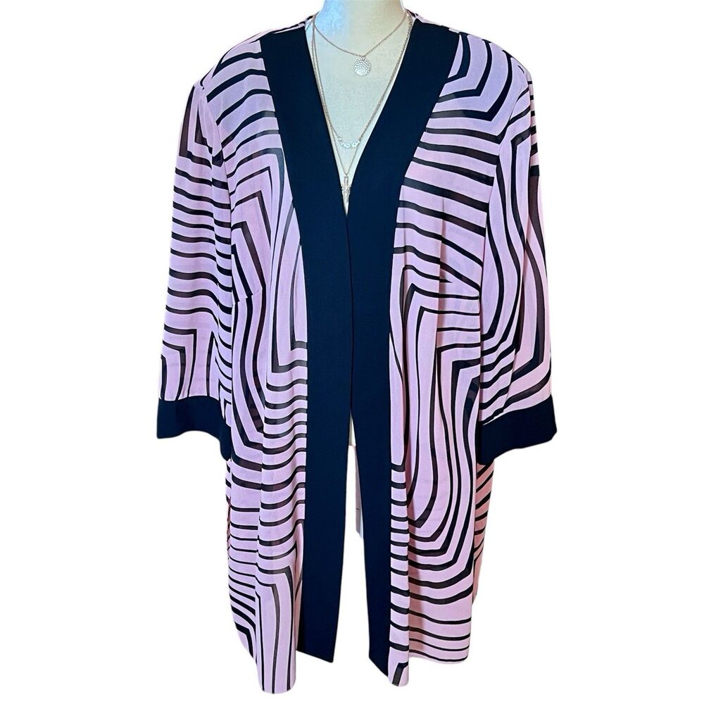 Anna Maxwell Open Front Duster Kimono Sz 28W Pink And Black Abstract Semi Sheer